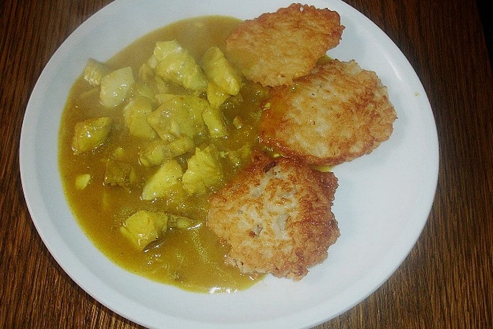 Curryfischragout mit Reisplätzchen