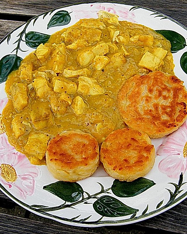 Curryfischragout mit Reisplätzchen
