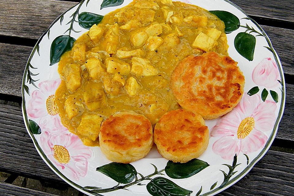 Curryfischragout mit Reisplätzchen