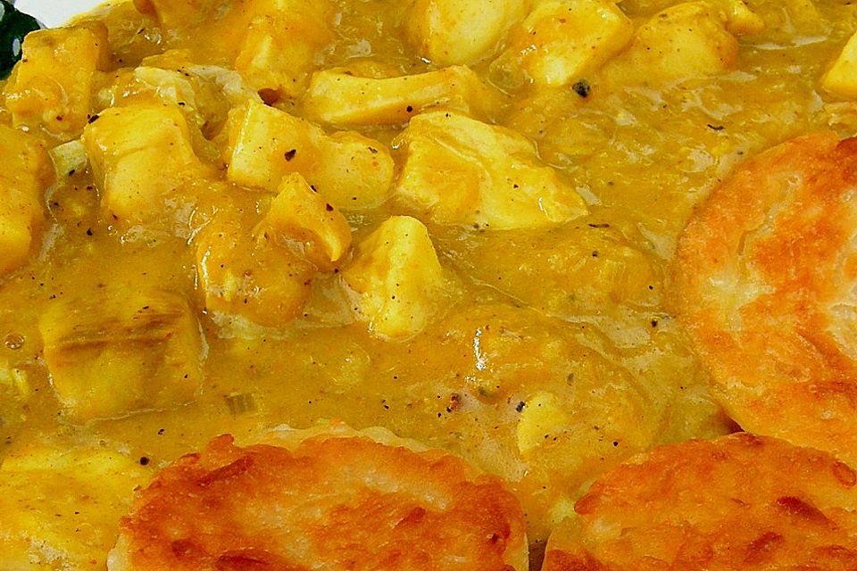 Curryfischragout mit Reisplätzchen