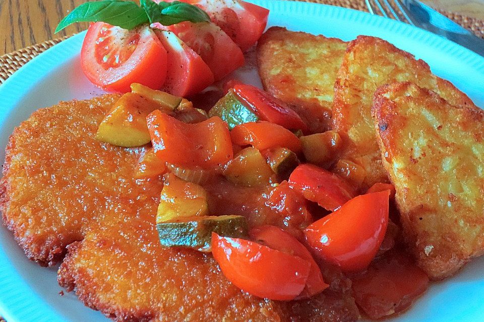 Panierte Schnitzel mit Paprika-Fleischwurst-Tomatensauce