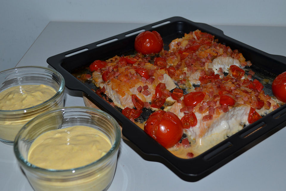 Rotbarsch mit Speck-Tomaten und Dip