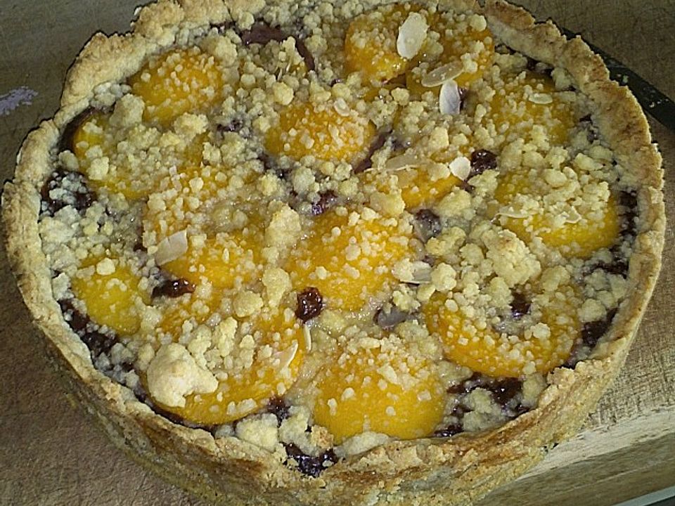Streuselkuchen mit Schokoladenpudding und Pfirsichen von FrieThie| Chefkoch