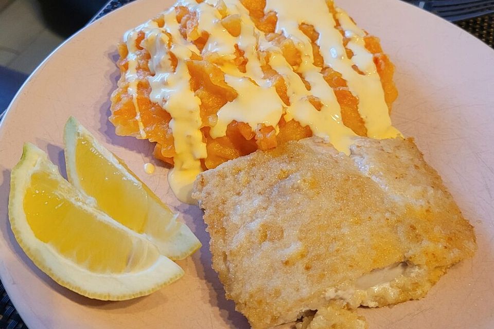 Lachs-Fischstäbchen XXL mit Kartoffel-Möhrenpüree