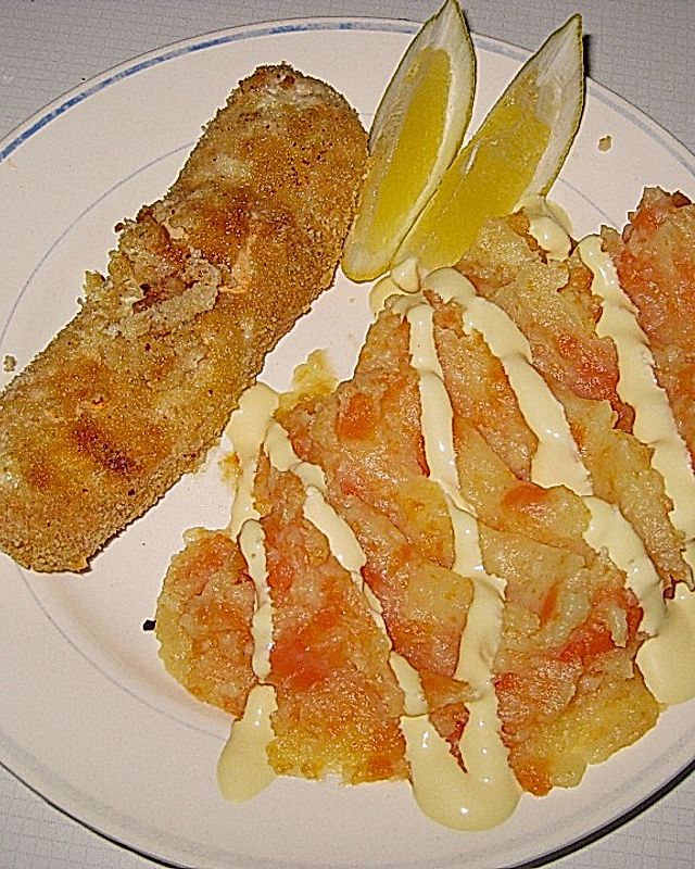 Lachs-Fischstäbchen XXL mit Kartoffel-Möhrenpüree