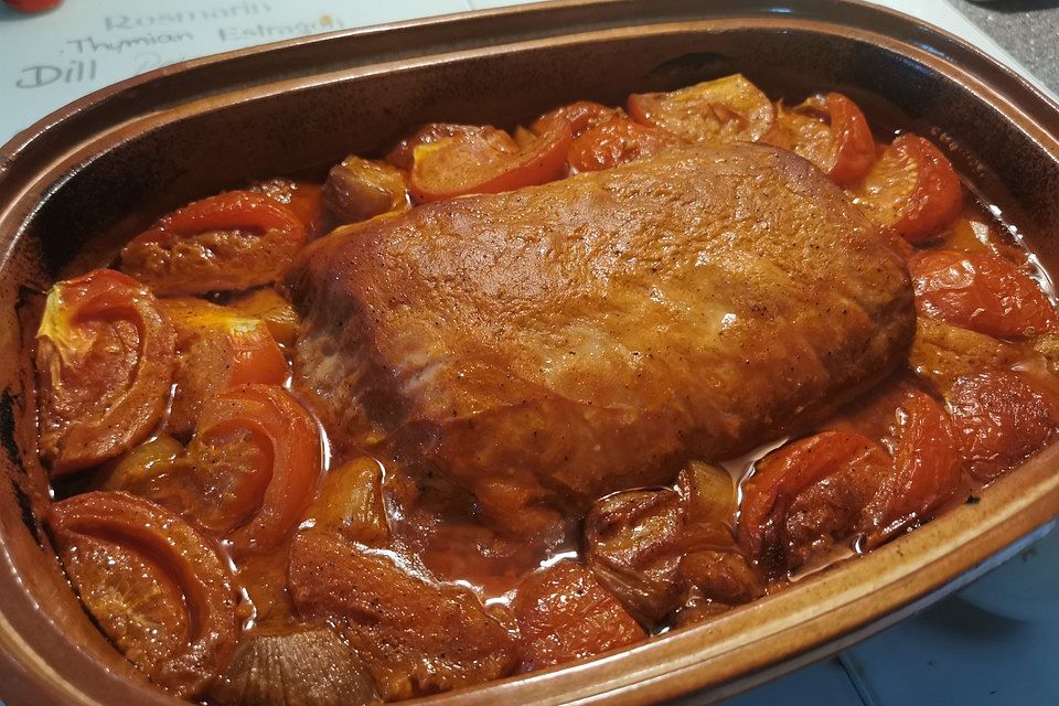 Bauer Harms´ Kasselerbraten im Römertopf mit Honig, Senf, Tomatensauce