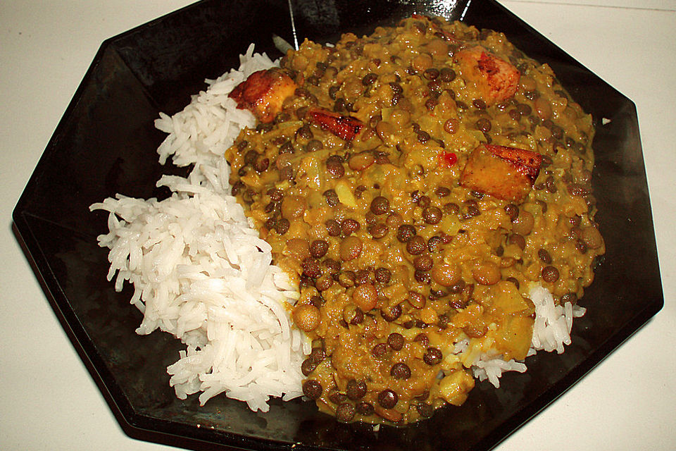 Dreierlei Linsencurry mit scharfem Tofu in Knoblauchmarinade