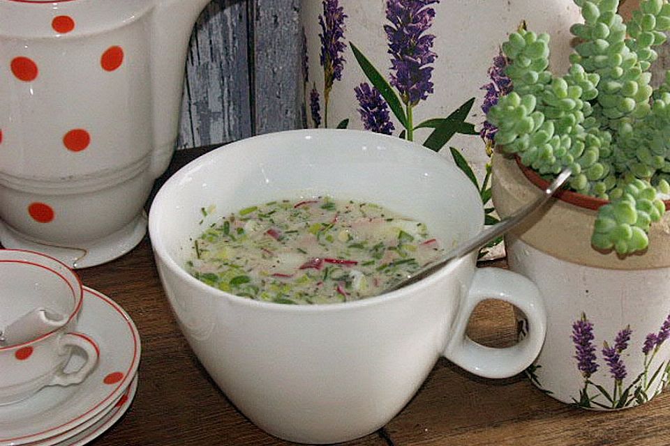 Frische russische Sommersuppe für heiße Tage Frische russische Sommersuppe für heiße Tage