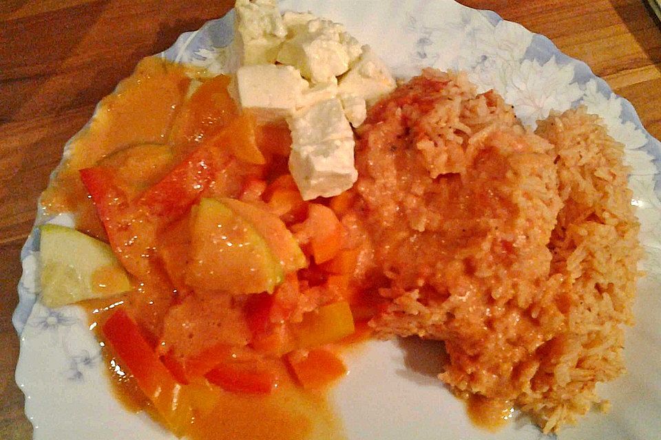 Schafskäse mit Paprika-Tomatengemüse auf Reis aus dem Thermomix