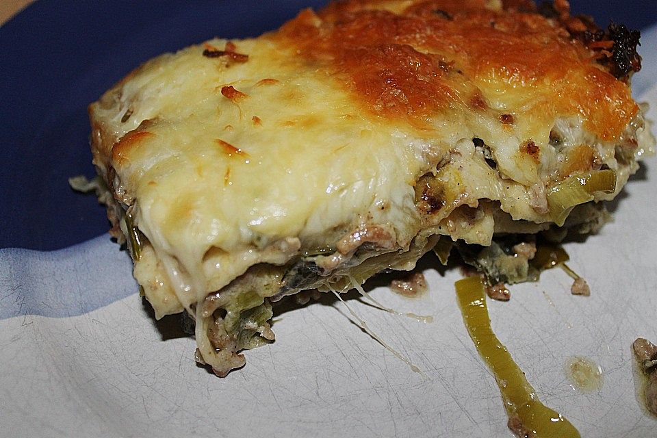 Lasagne mit Hackfleisch und Porree, ohne Tomatensoße