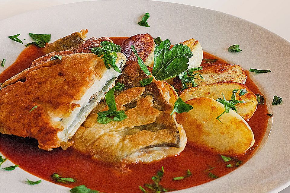 Forellenfilets im Bierbackteig mit Tomatengemüsesauce und Petersilienkartoffeln