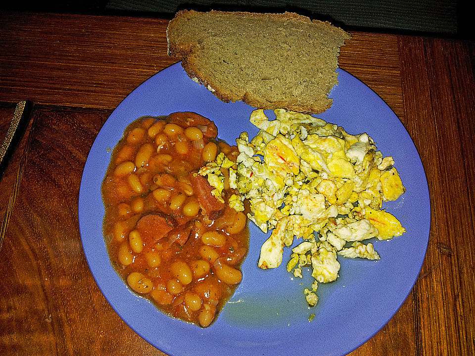 Baked Beans mit Cabanossi und Spiegeleiern von Nobby1960| Chefkoch