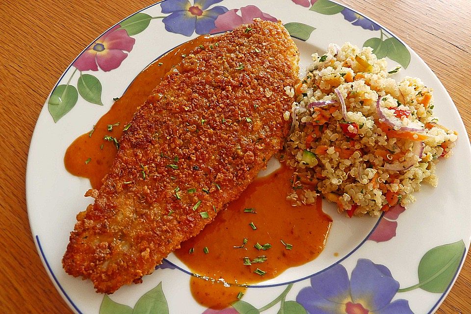 Pangasius in Honig-Nuss-Cornflakepanade mit Mangosauce