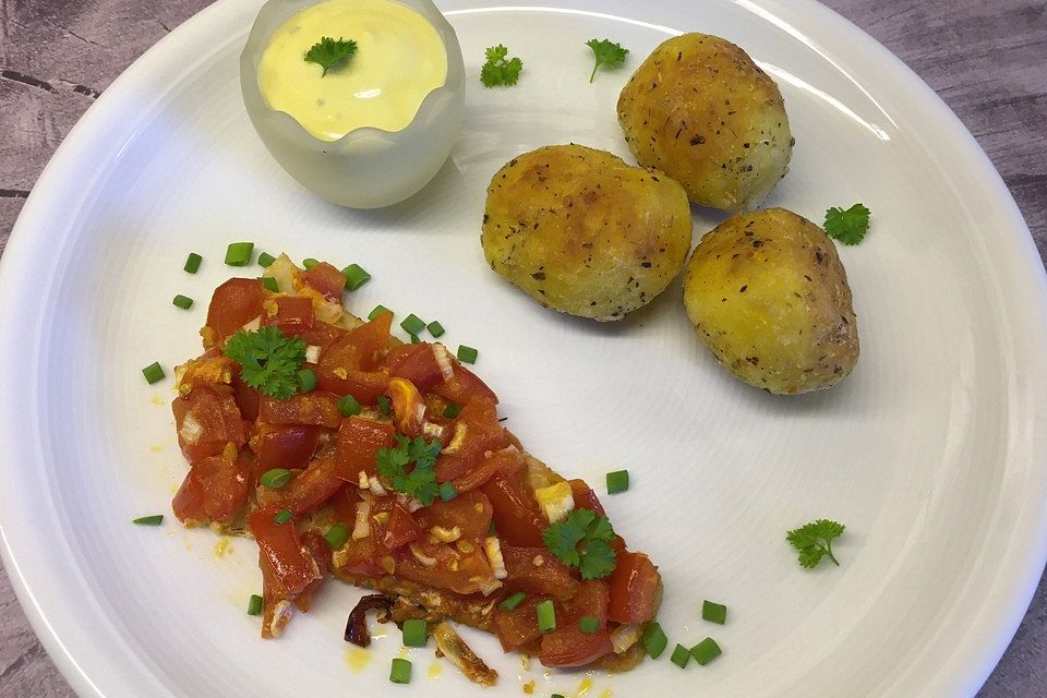 Tonys Fischfilet mit Zwiebeln und Knoblauchnote, im Ofen gegart