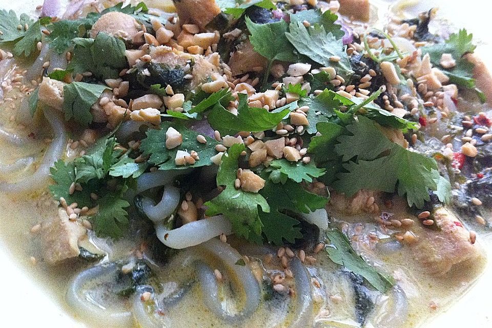 Thai Suppe mit Glasnudeln, Spinat und Hühnchen