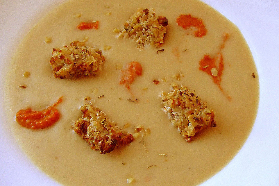 Weiße Bohnencremesuppe mit Walnuss-Toastwürfeln und Paprikacreme