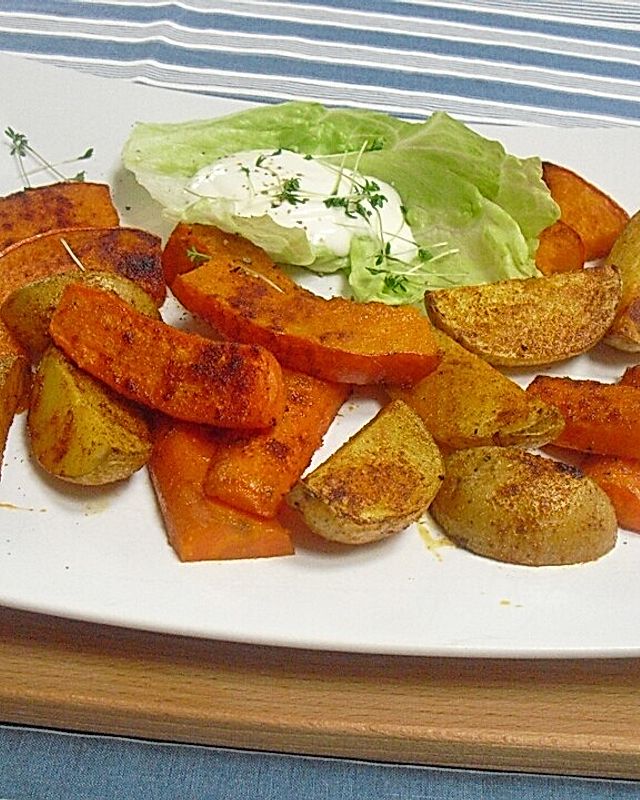 Kürbisspalten mit Kartoffeln und Karotten