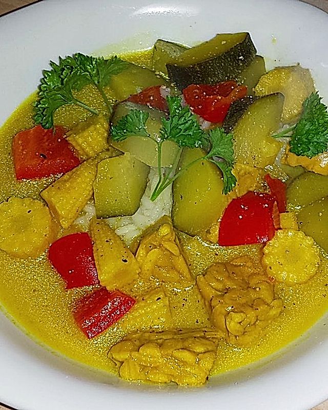 Veganes Curry mit Tofu, Paprika, Zucchini, Staudensellerie und Mini-Maiskölbchen