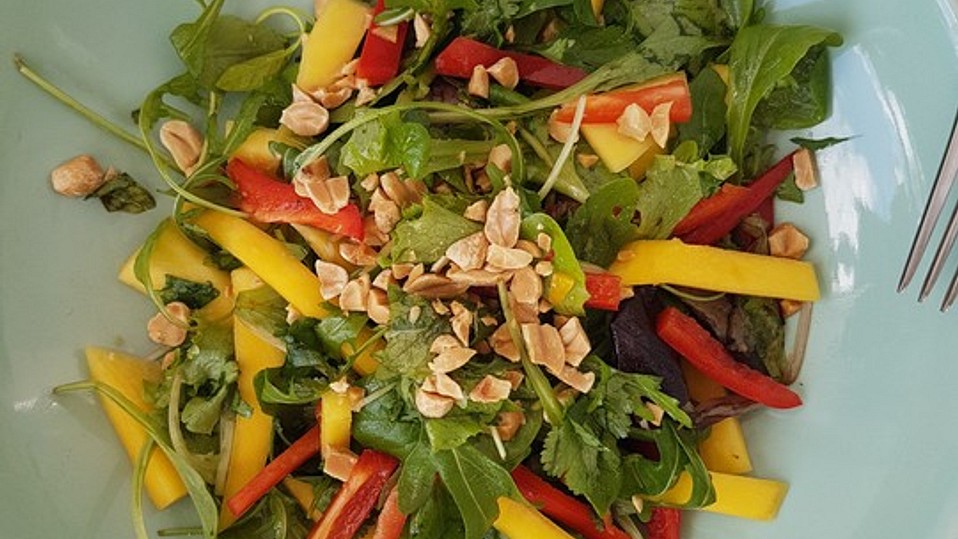 Exotischer Mango-Salat mit Paprika, Koriander und Erdnüssen
