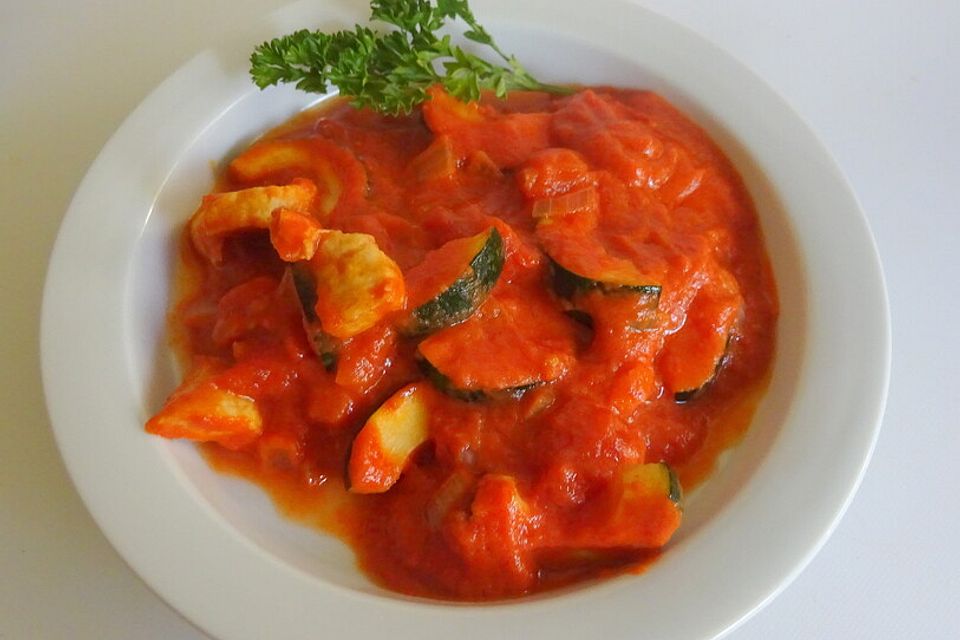 Hähnchengeschnetzeltes mit Tomaten-Curry-Sauce und Zucchini