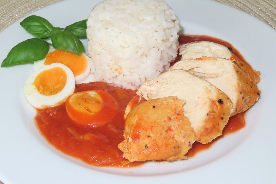 Hähnchen in scharfer Tomatensoße