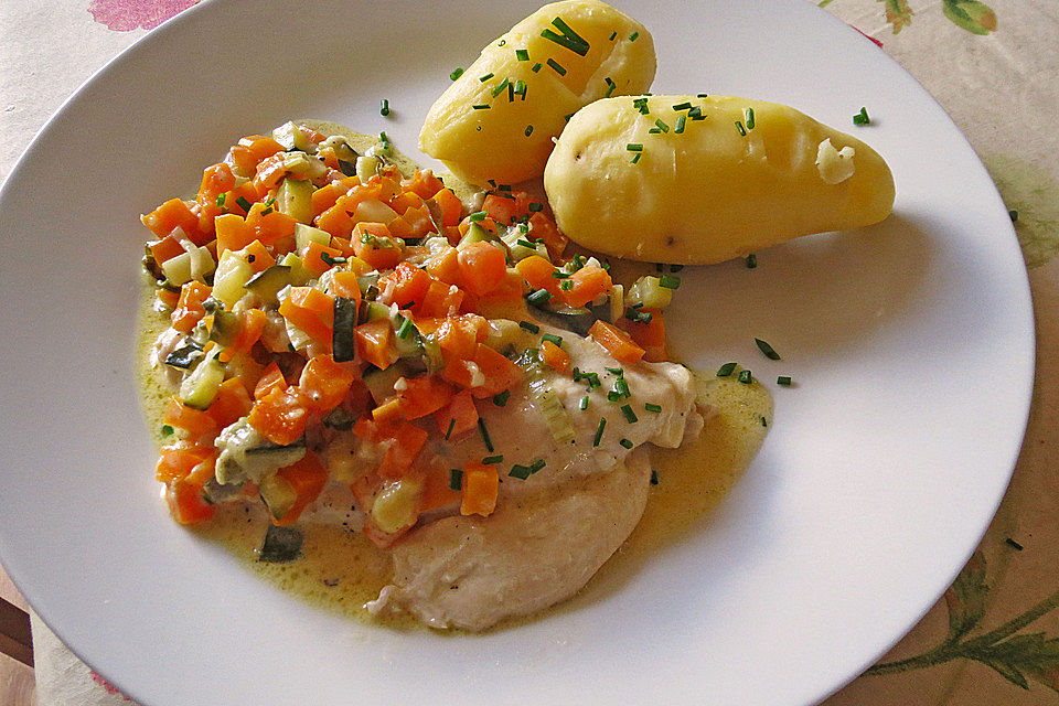 Überbackene Hähnchenschnitzel mit Gorgonzola-Gemüse