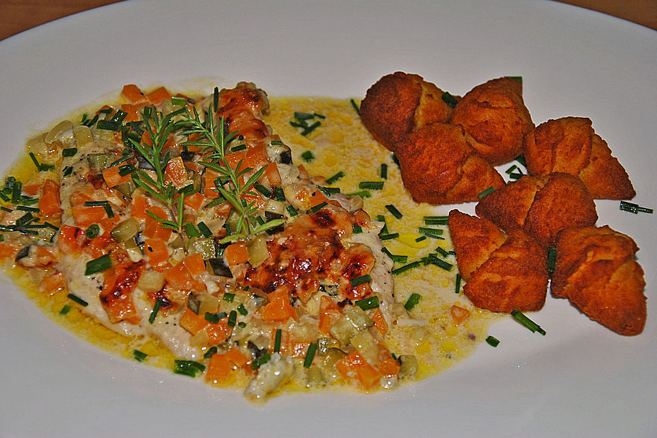 Überbackene Hähnchenschnitzel mit Gorgonzola-Gemüse