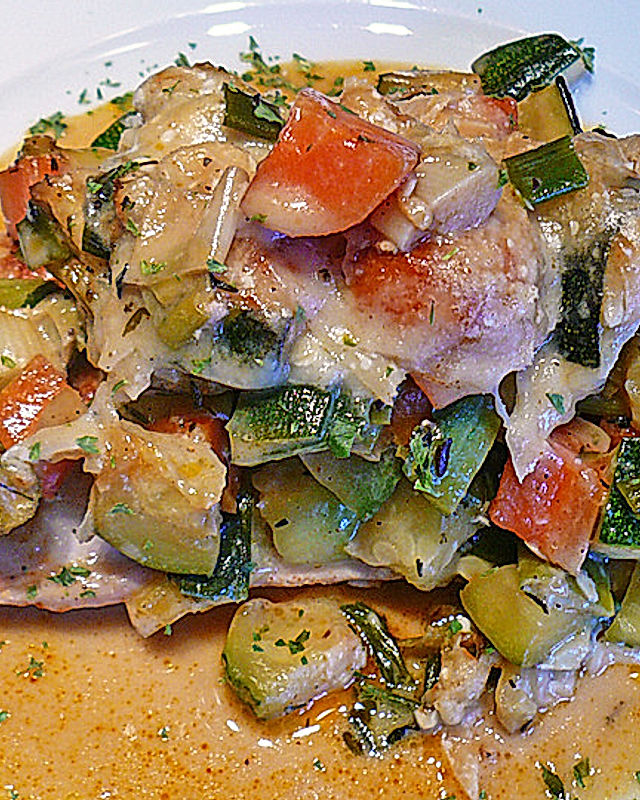 Überbackene Hähnchenschnitzel mit Gorgonzola-Gemüse
