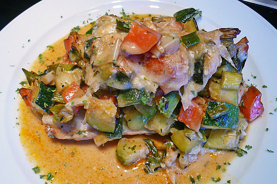 Überbackene Hähnchenschnitzel mit Gorgonzola-Gemüse