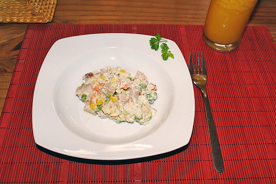 Reis-Gemüse-Pfanne mit Leberkäse