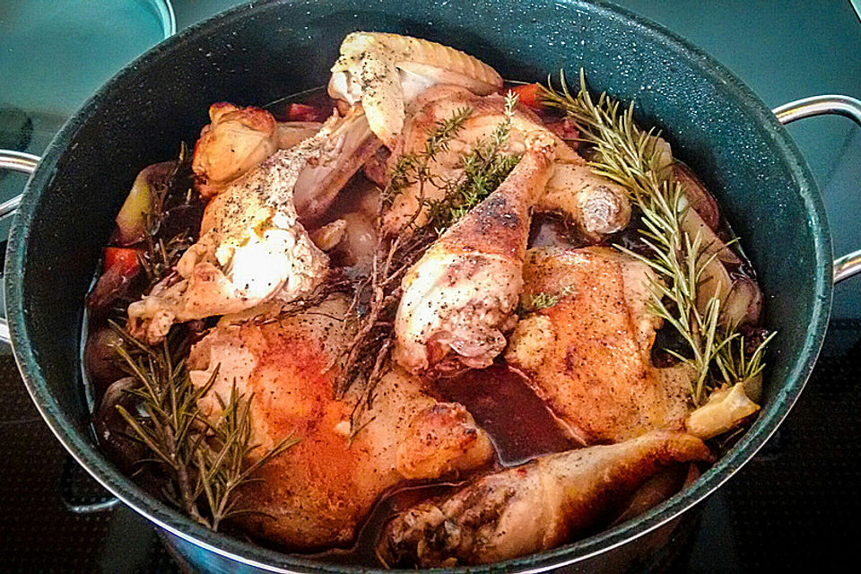 Coq au vin vom Suppenhuhn