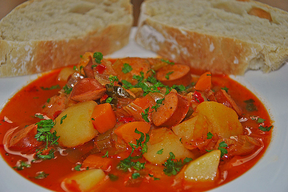 Deftige Gemüsesuppe mit Debrecziner