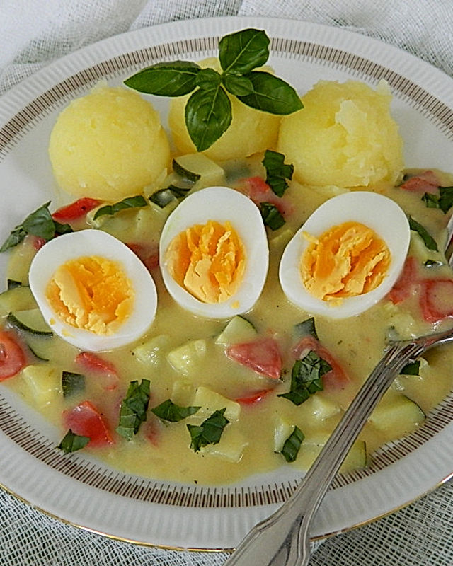 Eier mit Zucchini-Senf-Soße
