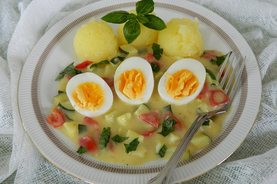 Eier mit Zucchini-Senf-Soße