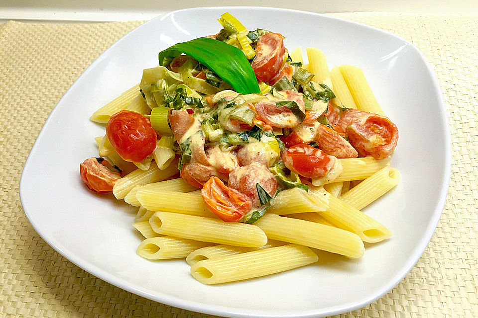 Pasta mit Bärlauch-Frischkäse-Soße und Cocktailtomaten