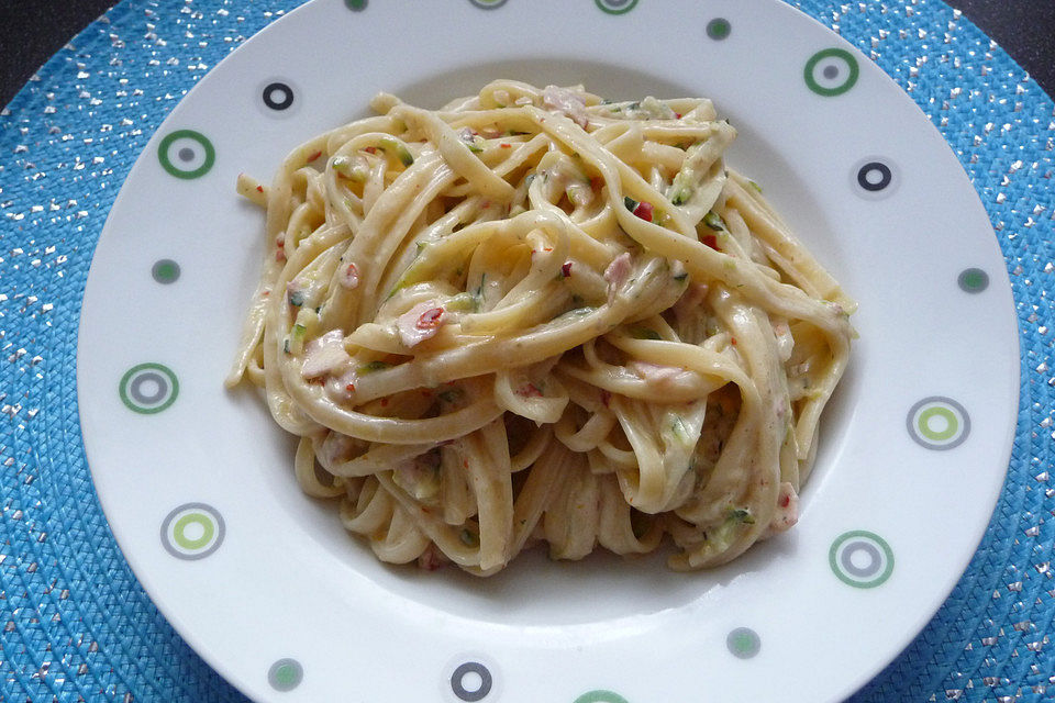 Zucchini-Schinken Pasta mit Parmesan-Sahnesauce