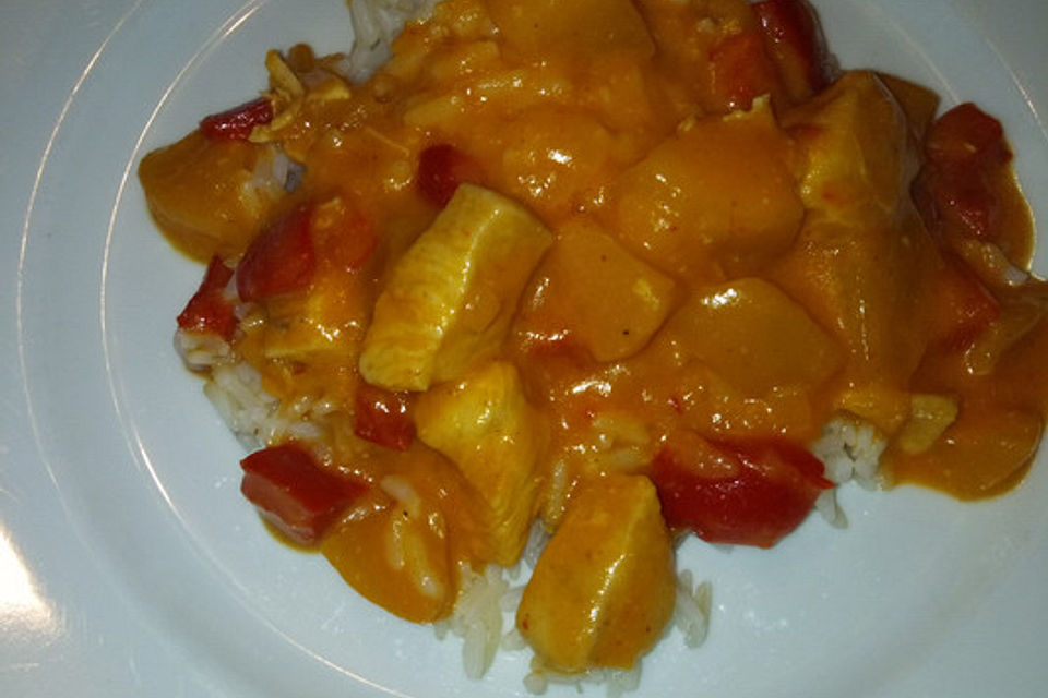 Hähnchencurry mit Kokosmilch und Pfirsichen