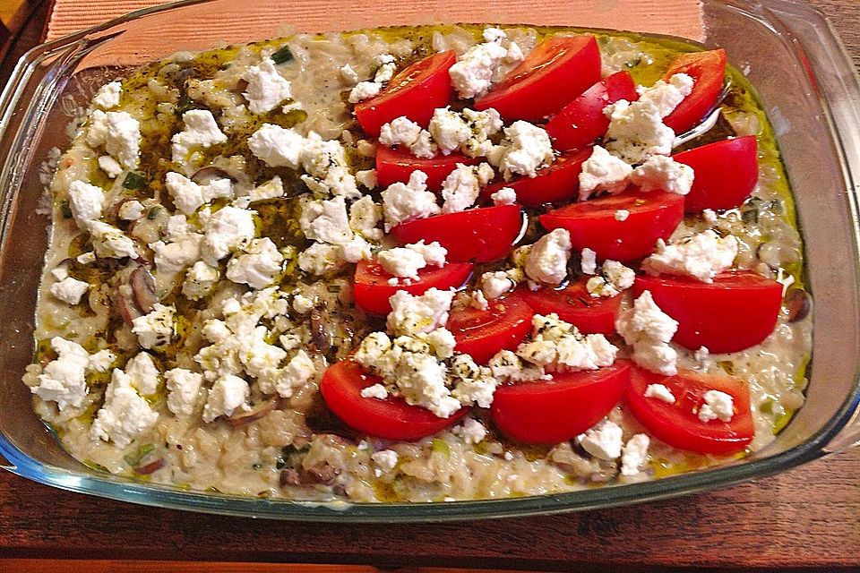 Gebackener Hirtenkäse auf Champignon-Lauch-Risotto