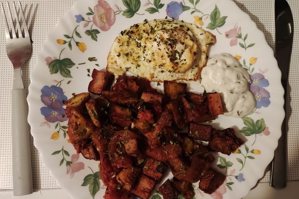 Kartoffel-Leberkäse-Pfanne mit Spiegelei