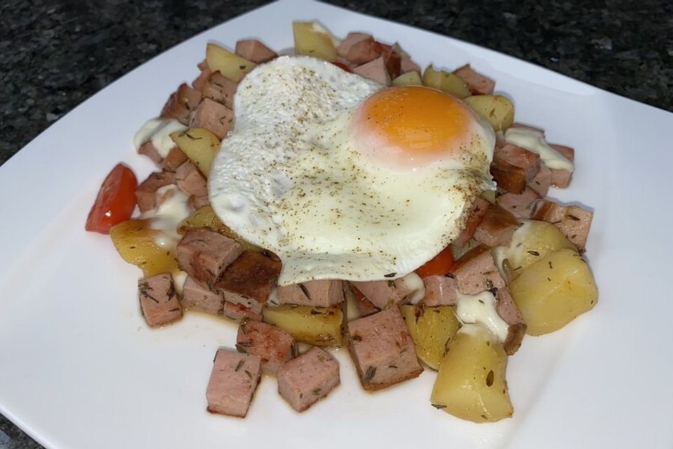 Kartoffel-Leberkäse-Pfanne mit Spiegelei