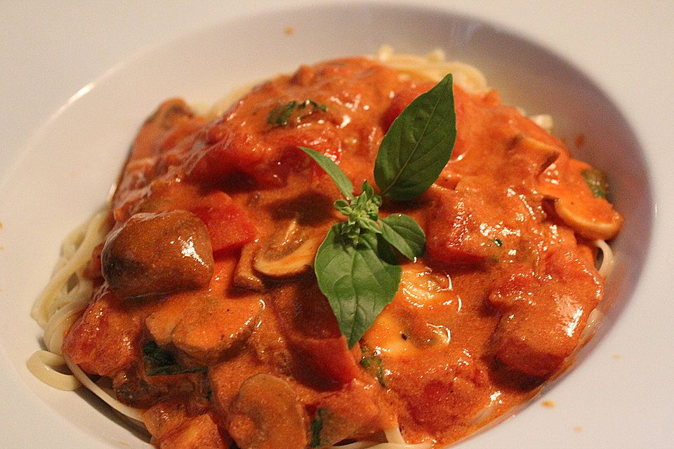 Bandnudeln mit Champignons und Basilikum in Tomatenrahmsoße à la Briel