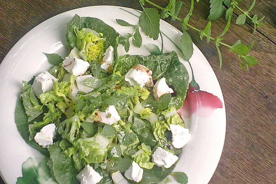 Zitronenmelisse-Käse-Salat zu Laugenbrötchen