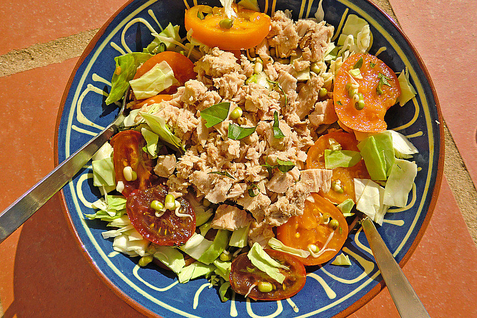 krümeltigers Tomaten-Spitzkohl-Salat mit Mungbohnensprossen und Thunfisch