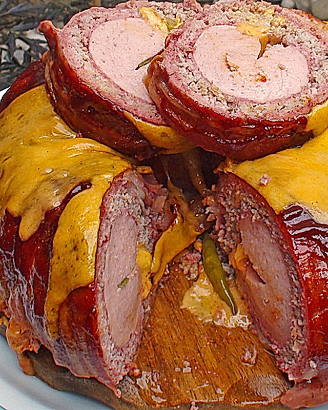 Gefüllte Fleischwurst im Hackfleisch-Bacon-Mantel