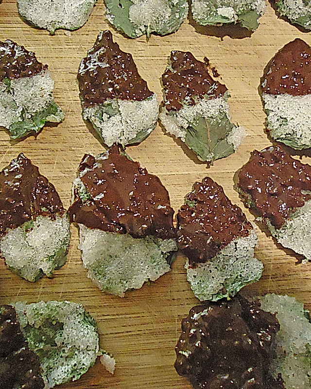Minzblätter mit Zuckerkruste und Schokoladenglasur
