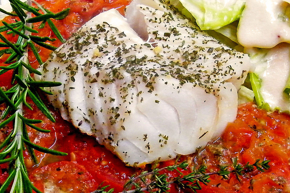 Gedünsteter Kabeljau auf Tomaten