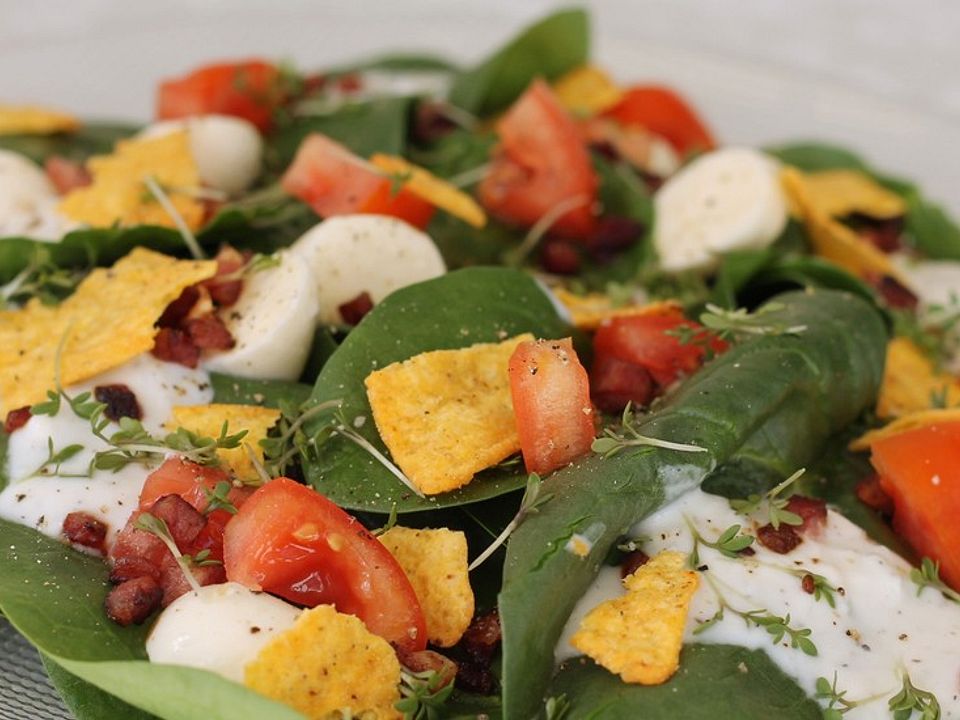 Blattspinat-Salat mit Ranch-Dressing und Nachos von julesibulesi| Chefkoch