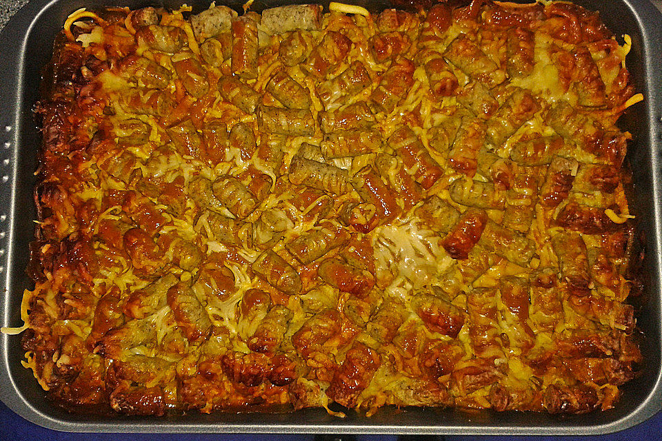 Spätzleauflauf mit Nürnberger Würstchen und Paprikaschoten