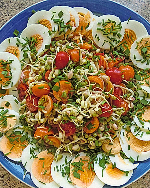 krümeltigeres Mungobohnensprossen-Salat mit Tomaten und Eiern