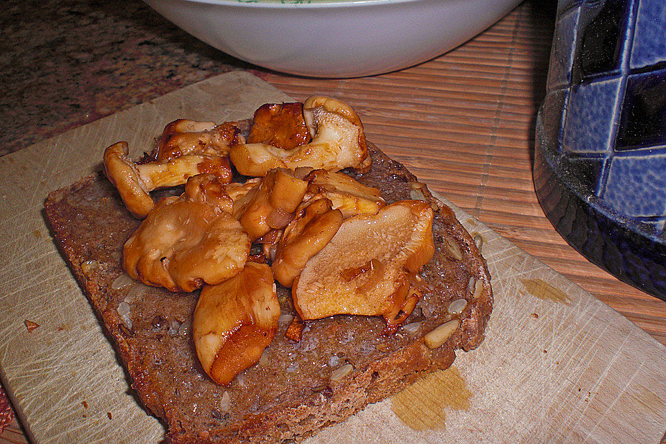 Semmelstoppelpilz in Butter auf knusprigem Vollkornbrot